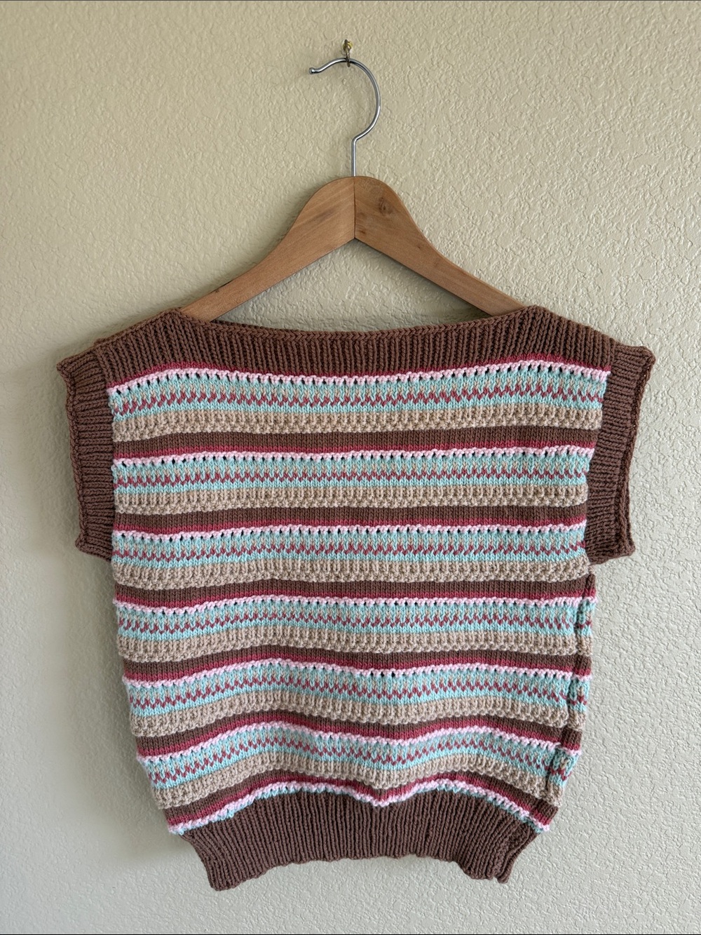 Striped Knit Cap-Sleeve Sweater in Brown, Cream, Pink & Blue
